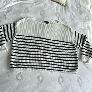 French Connection White Boat Neck Oversized Boxy Sweater with Navy Stripes